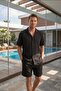 Men's Aerobin Fabric Summer Black Short Sleeve Shirt & Shorts Bottom Top 2-Piece Set Ls-7122 - 4