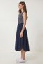 Striped Stretchy Knitted Top and Poplin Skirt Dress Lub0338 Dark Blue White - 3