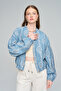 Women's Floral Embroidered Blue Zippered Seasonal Bomber Jacket