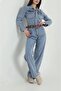 Blue Belted Jean Long Sleeve Denim Jumpsuit