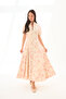 Beige with Powder Floral Pattern, High Collar, Zippered, Princess Stitched Maxi Dress - 2