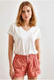 Women's Ecru V-Neck Draped Viscose T-Shirt Tsh-19000992