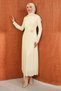 Cream-Colored Draped Evening Dress with Waist Buckle