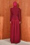 Burgundy Stone Detailed Belted Evening Dress - 5