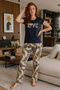 Round Neck Long Comfortable Cotton Pajama Set 41551 Navy Blue - 6