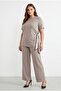 Women's Plus Size Short Sleeve Side Gathered Scarf Tie Sweatshirt Set 8260-26