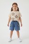 Beige Floral Embroidered T-Shirt and Jean Shorts Girls' 2-Piece Set 24057 - 3
