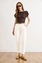 Women's Ecru Belted Pocketed Cotton Carrot Trousers with Elastic Waist at the Back Pnt-19000401