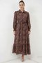 Women's Shirt Collar Belted Floral Patterned Viscose Brown Hijab Dress - 4