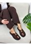 Brown Suede (Dyrot) Toe-Open Slippers with Gold Accessories - 2