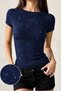Cris Navy Blue Glitter Cyrstal Detail Slim Fit Short Sleeve Full Length Shimmering Crew Neck Blouse