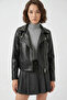 Women's Classic Collar Faux Leather Look Black Jacket - 3