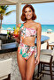 Women's Swimsuit One Shoulder Cut Out Detailed Underwireless Sleeveless Regular Fit Tropical Patterned Knitted Raschel Fabric