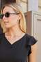 Women's Silky Textured Flexible Modal Fabric V-Neck Buttoned Sleeves Flounce Blouse-Black - 5