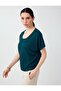 Dark Green U-Neck Short Sleeve Straight Cut Knitted Blouse - 3