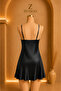 Black Satin Transparent Lace Thin Strap Women's Nightgown - 2