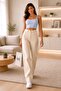 Women's Beige Lycra Super High Waist Loose Leg Denim Palazzo Trousers