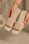 Glam Women's Beige Slippers Stoned Flat Slippers Patent Leather Slippers Gift Slippers Stc1307 - 3