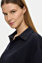 Yosemae Navy Blue Polo Collar Seersucker Printed Soft Textured Modal Fabric Loose Fit Women's Tshirt - 2