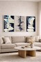 Navy Blue and Spatula Patterned Boho 3-Piece Glass Painting Set - White Metal Framed Home and Office Painting - 3