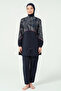 Fringed Trim Decorated Patterned Zippered Long Sleeve Full Covered Hijab Swimsuit 25267-26 Navy Blue