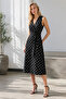 Women's Black Polka Dot Double Breasted Collar Belted Stretch Fabric Slim Fit Midi Dress - 2