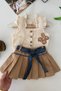 My Little Girl's Pleated Knitwear with Bow Belt Detail, 3-Piece Girls' Skirt Set - Brown - 4