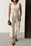 Women's Beige Sleeveless Button Detailed Belted Ankle Length Summer Jean Denim Jumpsuit - 5