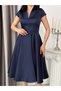 Navy Blue V-Neck Belted Short Sleeve Midi Evening Dress - 6