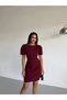 Women's Burgundy Boat Neck Fileto Pocket Short Sleeve Mini Dress Hzl26S-Fry123891