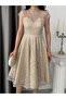 Beige Tulle Cape Sequin Embroidered Mini Strapless Evening Dress - 6
