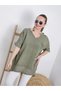 Women's Khaki Mesh Detailed Pocketed Cotton Linen Loose Bohemian Pinterest V-Neck Short Sleeve Blouse Tunic - 4