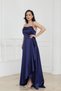 Asymmetrical Neckline Cut Satin Evening Dress - Dark Blue - 5