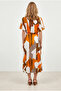Women's Orange Ecru Buttoned Belted Maxi Viscose Shirt Dress Elb-19002382 - 6