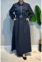 Belted Half-Zip Double Pocket Chic Line Striped Dress 5161 Navy Blue - 2