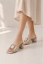 Eslem Women's Beige Metal Buckle Square Toe Thick Heeled Slippers - 6