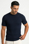 Navy Blue Knitwear Men's T-Shirt Ribbed Crew Neck Short Sleeve - 7