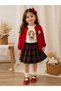 Girl's 3-Piece Stylish Set with Plaid Skirt – Red Cardigan Detailed Combination - 2