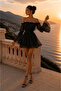 Chiffon Off the Shoulder Mini Dress Black & White Mini Lined Design Dress