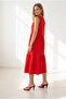 Women's Red Crew Neck Segmented Sleeveless Cotton Dress Elb-19002665 - 5