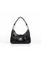 Women Crinkle PU Leather Hobo Shoulder Bag with Chain Strap, Turn-Lock Closure, Detachable Crossbody Strap — Black