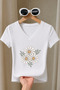 Women's Daisy Flower Printed Basic Daily Use V-Neck Slim Fit Lycra T-Shirt