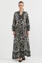 Women's V-Neck Gathered Waist Patterned Viscose Black and White Hijab Dress - 3