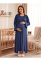 New Season Navy Blue Double-Breasted Collar with Breastfeeding Feature, Full Length Design, Short Sleeves, 100% Cotton Maternity Nightgown Set - 2