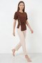 Women's Round Neck Button Detailed Gathered Sleeve Brown Blouse - 3