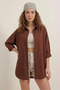 Women's Oversize Cut Basic Cotton Brown Shirt - 6