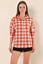 Women's Checkered Pattern Basic Oversize Cotton Tan Shirt - 3