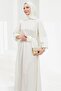 Ecru Rose Belt Detailed Balloon Sleeve Satin Evening Dress - 4