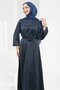 Navy Blue Rose Belt Detailed Balloon Sleeve Satin Evening Dress - 4