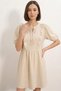 Women's Tie Collar Gathered Ruffle Detailed Short Sleeve Cream Dress - 5